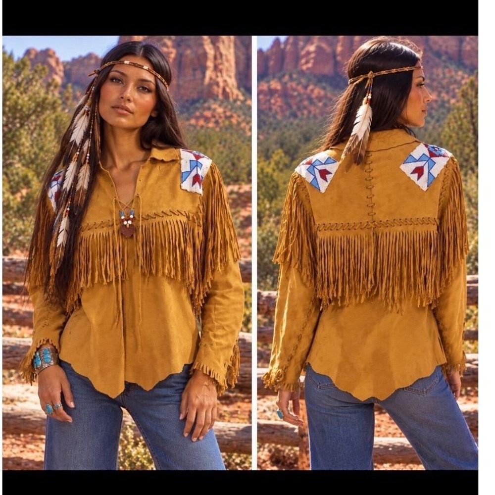 Vtg UpWest Leather Beaded Fring buckskin Leather Western Top jacket Tan